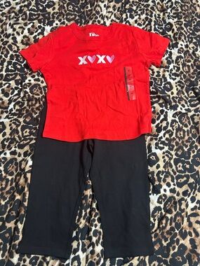 MAD Engine Red Graphic Tee with White Print and black leggings